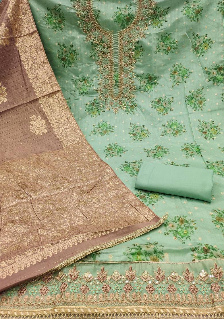 Light Green Embroidered Chanderi Dress Material
