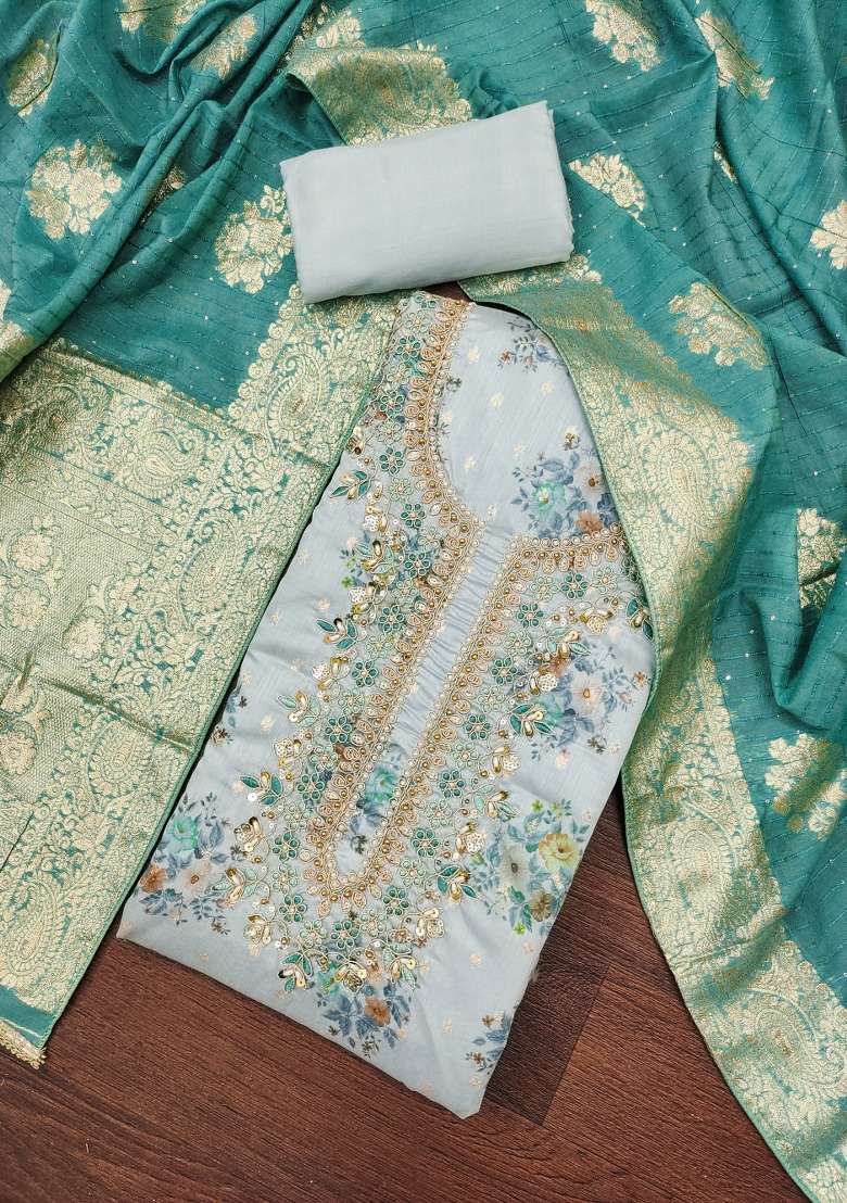 Pastel Blue Embroidered Chanderi Straight Kurta Set - Indya