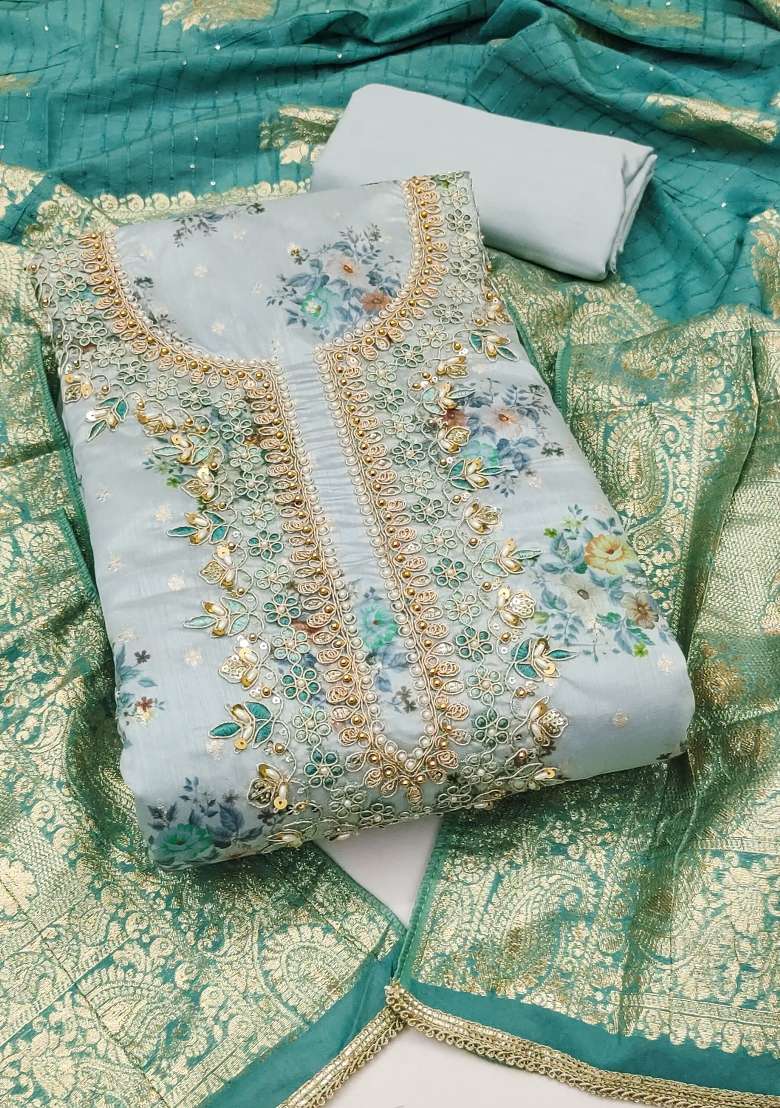 Pastel Blue Embroidered Chanderi Straight Kurta Set - Indya