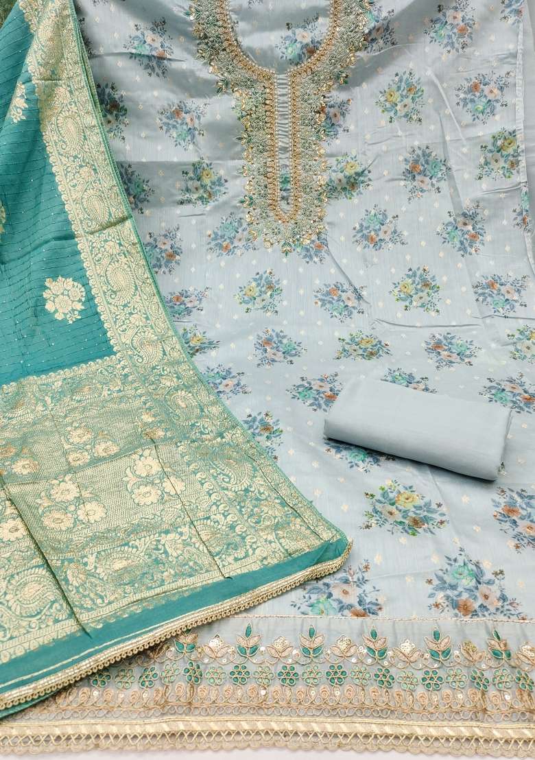 Pastel Blue Embroidered Chanderi Straight Kurta Set - Indya