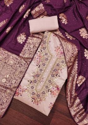 Grey Embroidered Chanderi Dress Material