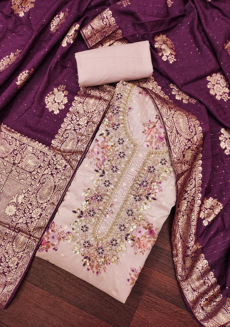 Grey Embroidered Chanderi Dress Material