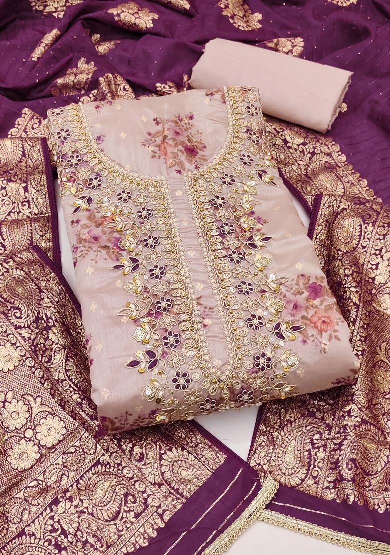 Grey Embroidered Chanderi Dress Material