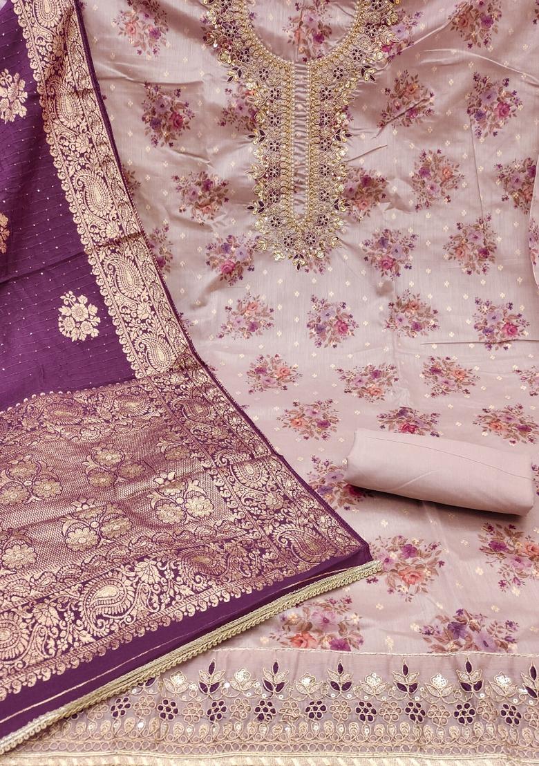 Grey Embroidered Chanderi Dress Material