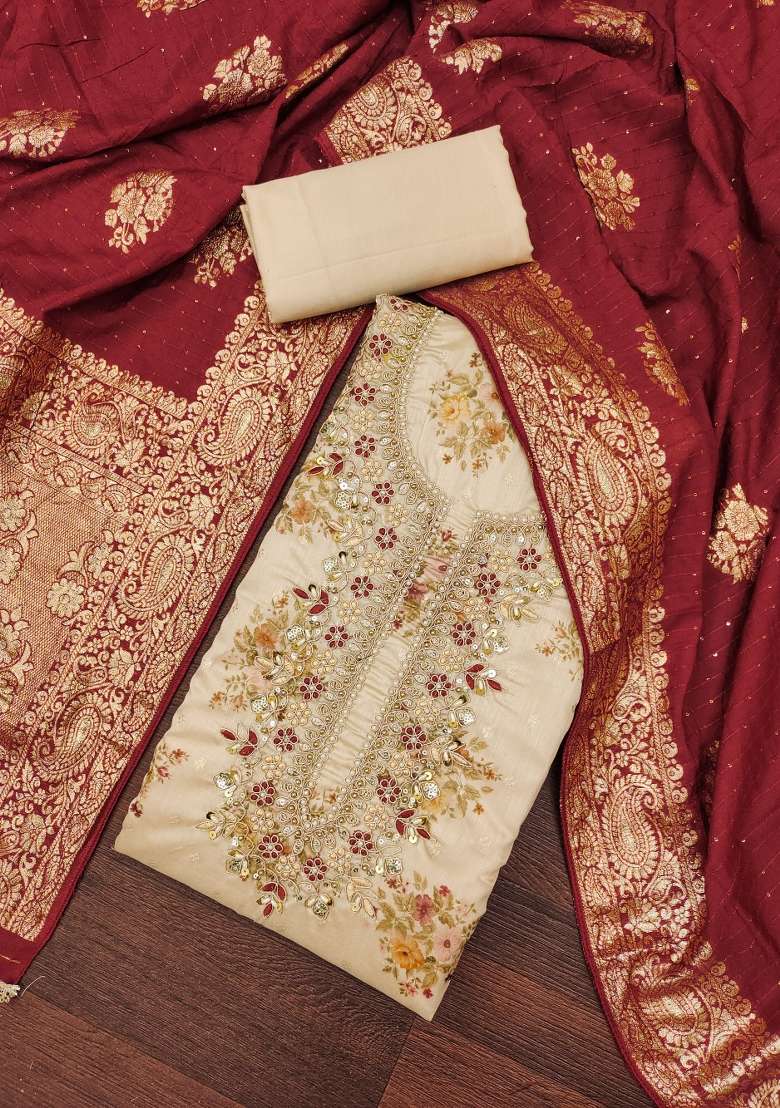 Beige Embroidered Chanderi Straight Kurta Set - Indya