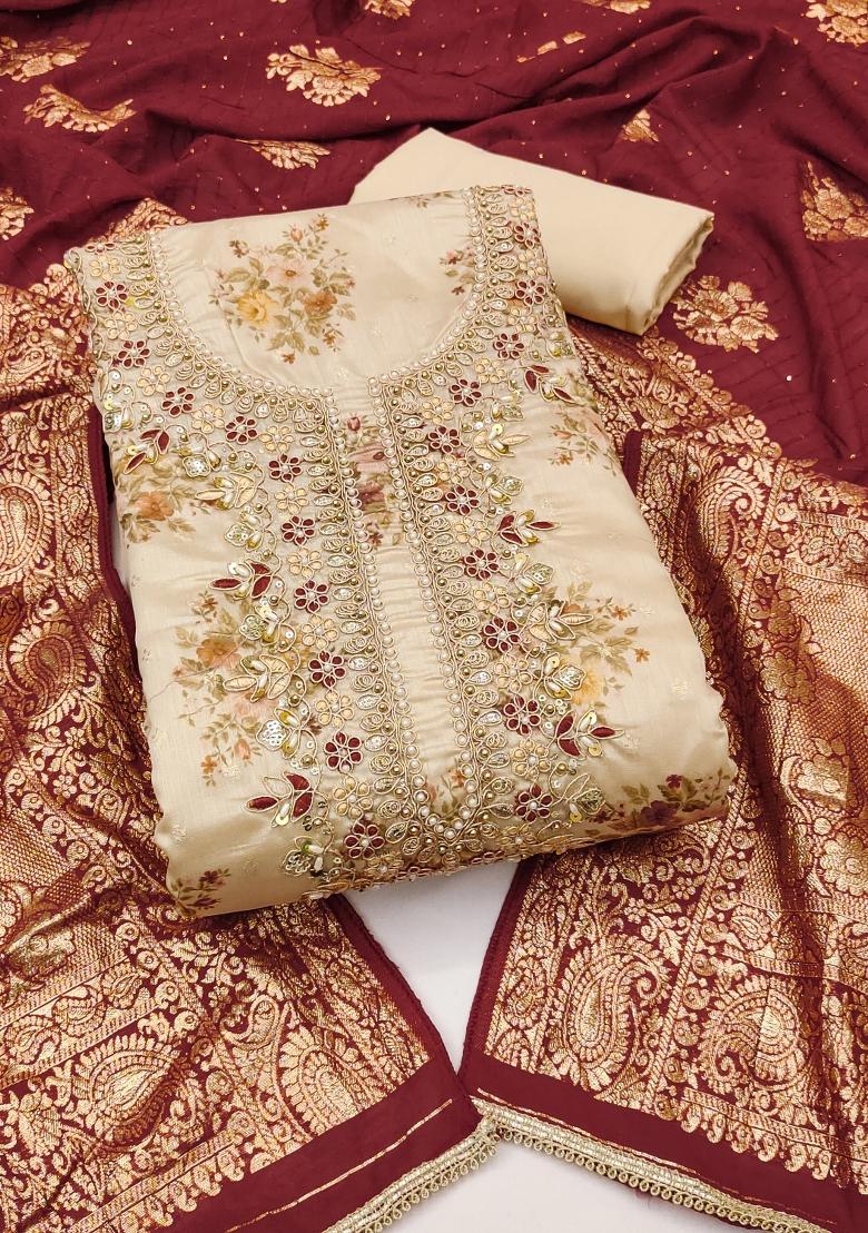 Beige Embroidered Chanderi Dress Material - Indya