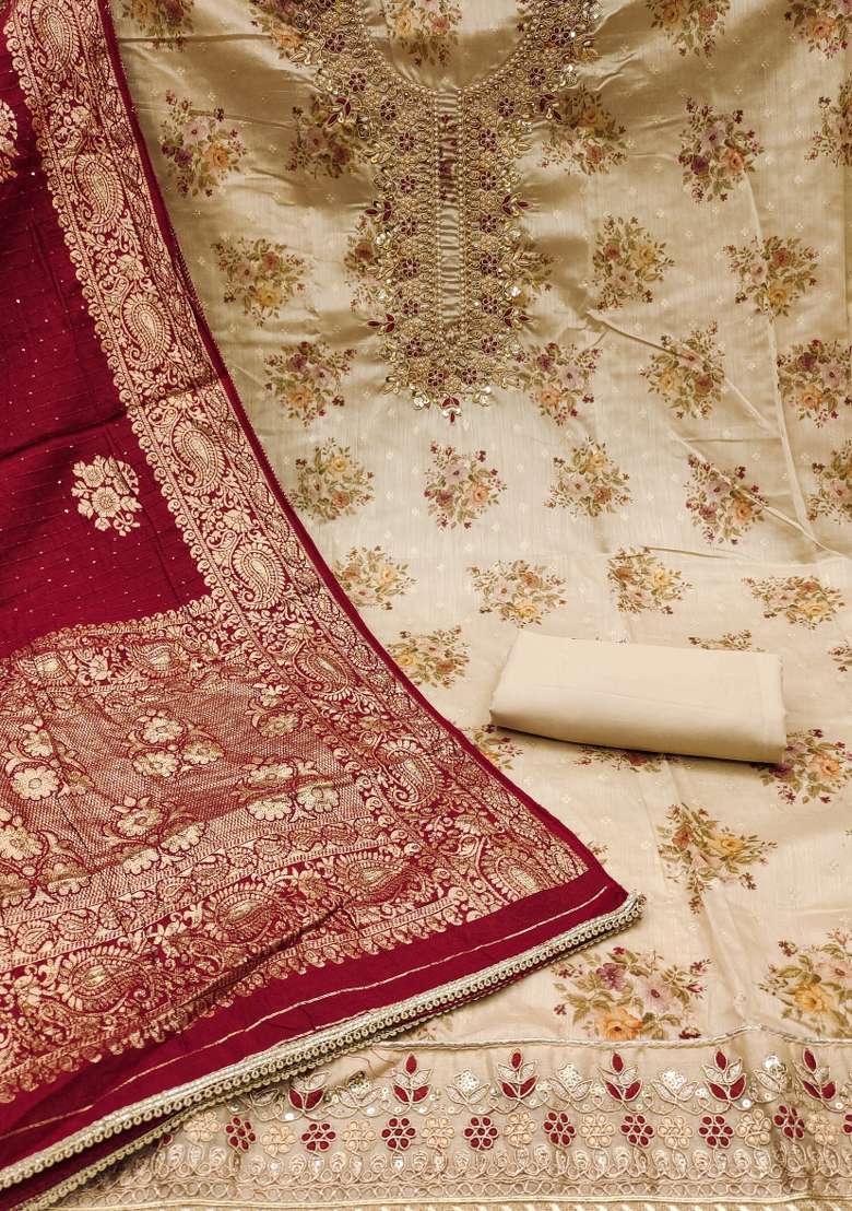 Beige Embroidered Chanderi Straight Kurta Set - Indya