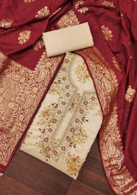 Beige Embroidered Chanderi Dress Material