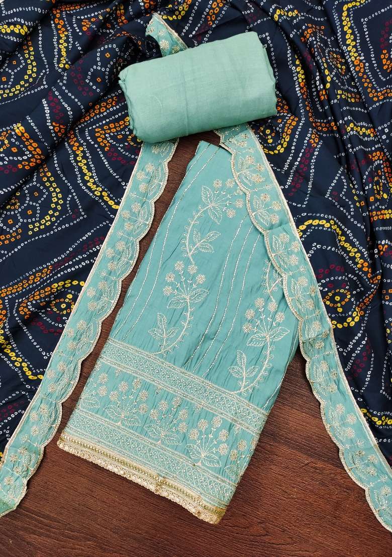 Sea Green Embroidered Cotton Straight Kurta Set - Indya