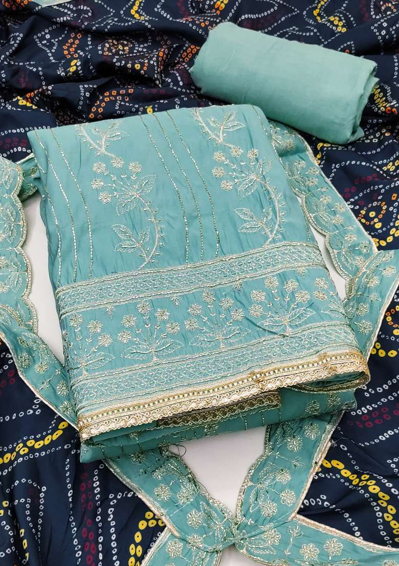 Sea Green Embroidered Cotton Straight Kurta Set - Indya