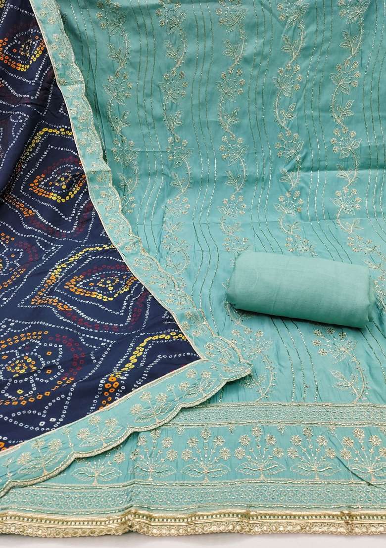 Sea Green Embroidered Cotton Straight Kurta Set - Indya