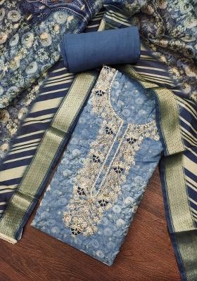 Steel Blue Embroidered Cotton Blend Dress Material