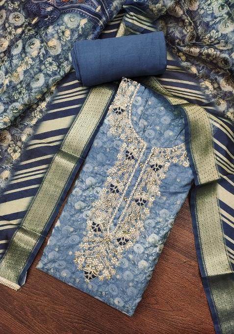 Steel Blue Embroidered Cotton Straight Kurta Set