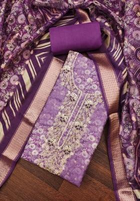 Purple Embroidered Cotton Blend Dress Material