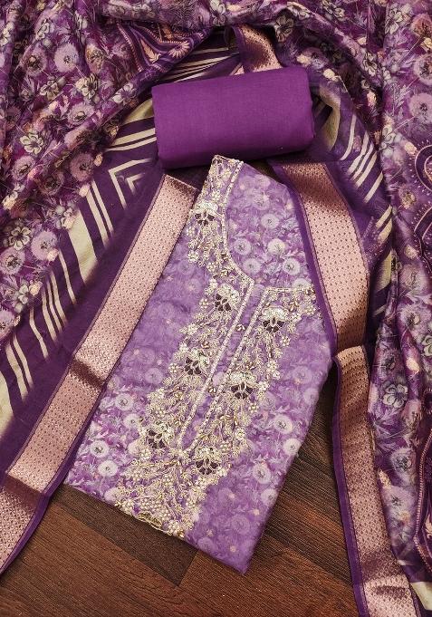 Purple Embroidered Blended Straight Kurta Set