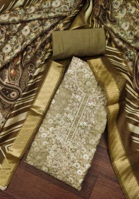 Olive Green Embroidered Cotton Blend Dress Material