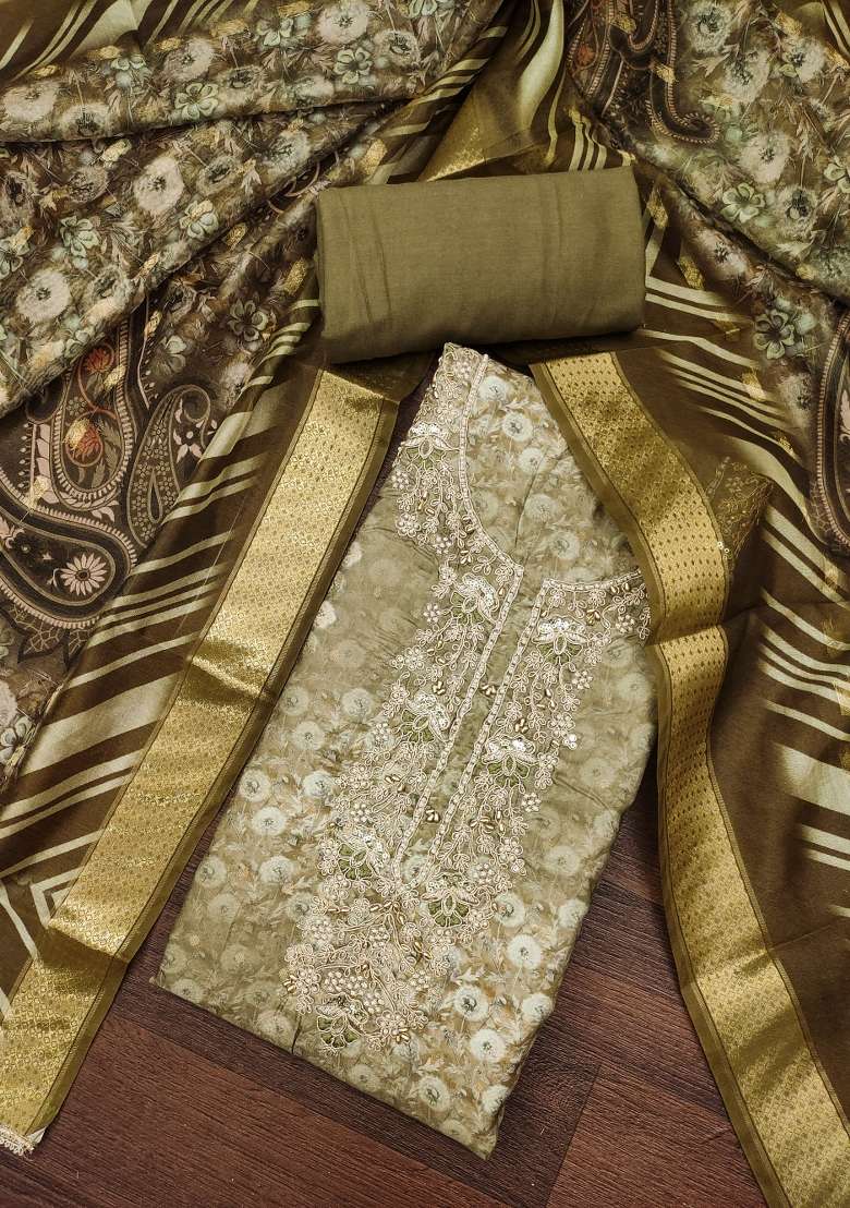 Olive Green Embroidered Cotton Straight Kurta Set - Indya