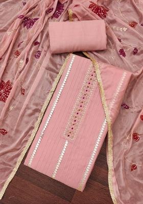 Peach Embroidered Cotton Blend Dress Material