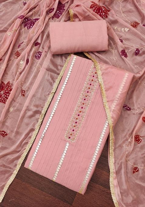 Peach Embroidered Cotton Blend Dress Material