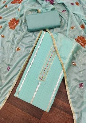 Sea Green Embroidered Cotton Blend Dress Material