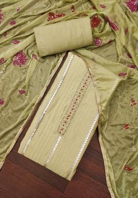 Olive Green Embroidered Cotton Blend Dress Material