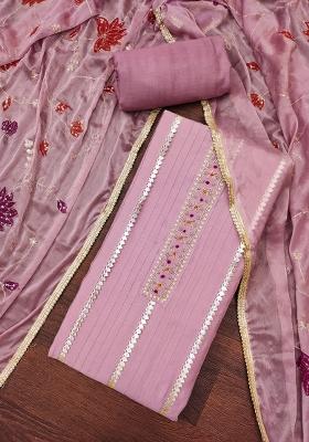 Purple Embroidered Cotton Blend Dress Material