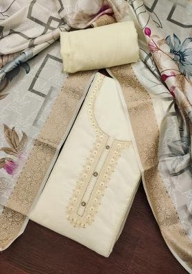 White Embroidered Oragnza Dress Material