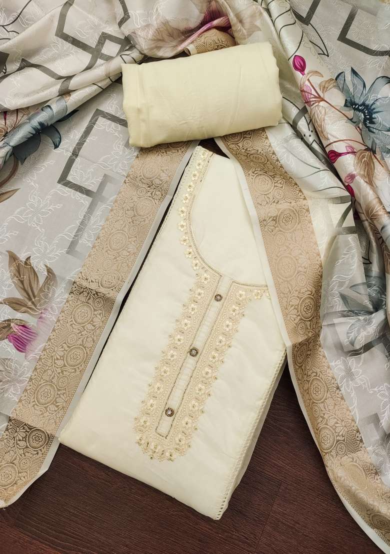 White Embroidered Organza Straight Kurta Set - Indya