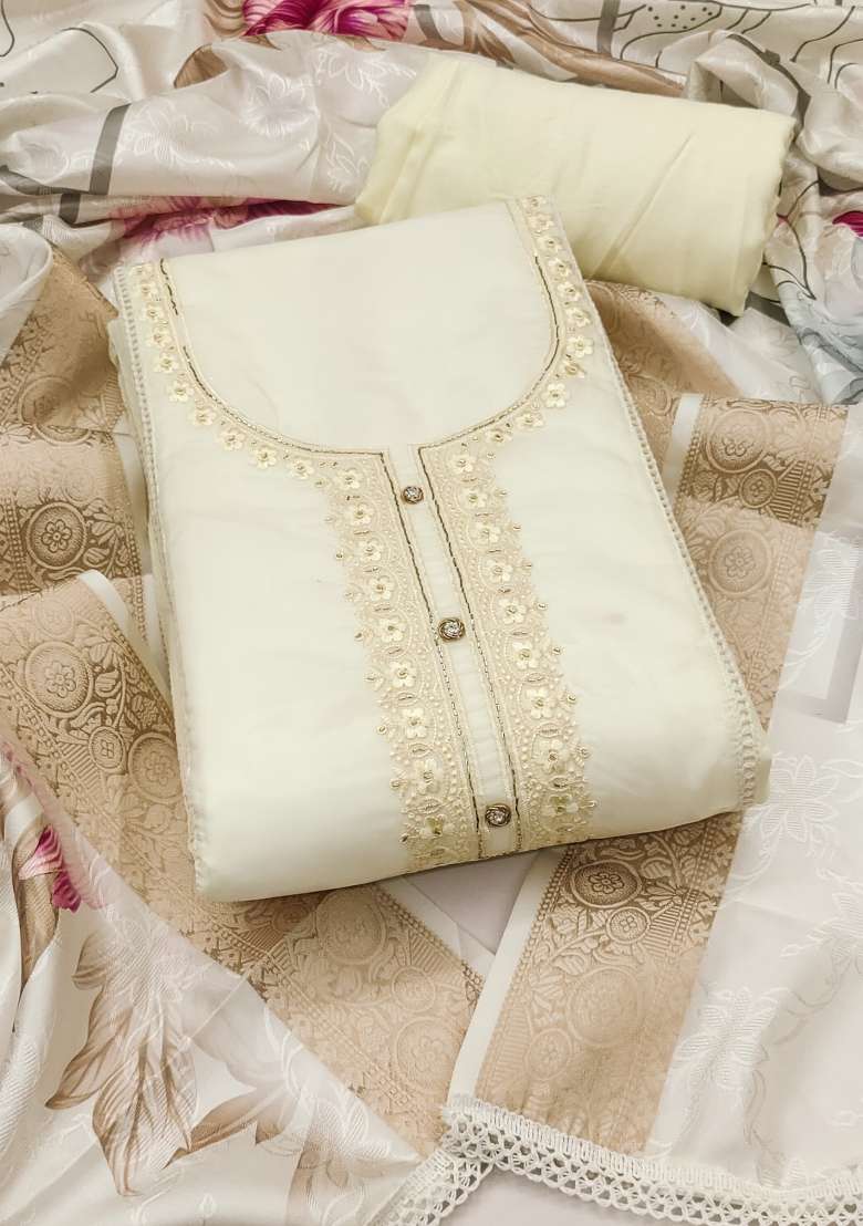 White Embroidered Organza Straight Kurta Set - Indya