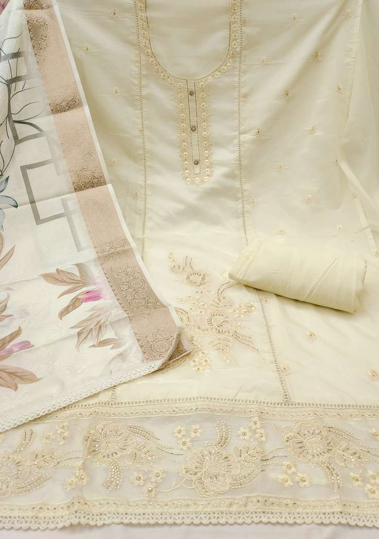 White Embroidered Organza Straight Kurta Set - Indya