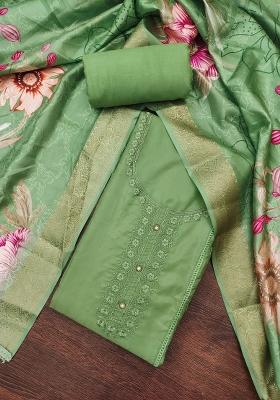 Light Green Embroidered Oragnza Dress Material