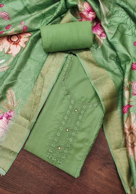Light Green Embroidered Oragnza Dress Material