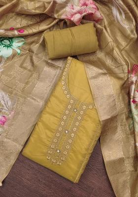 Beige Embroidered Oragnza Dress Material