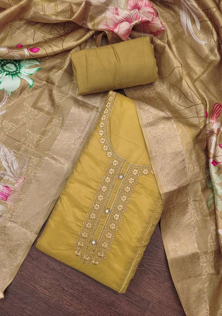 Beige Embroidered Oragnza Dress Material - Indya