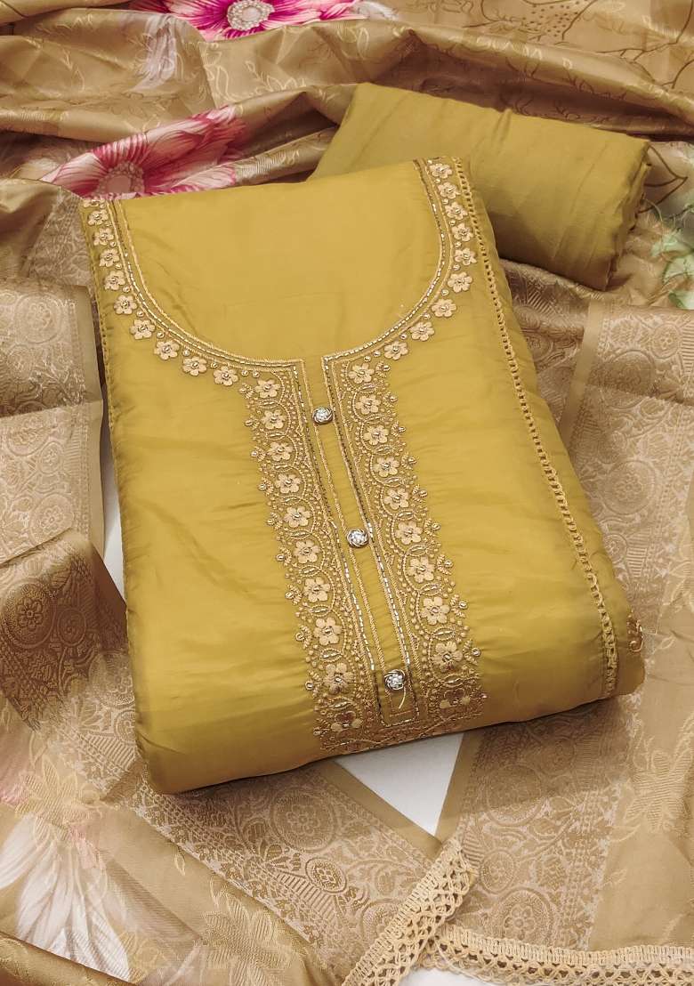 Beige Embroidered Oragnza Dress Material - Indya