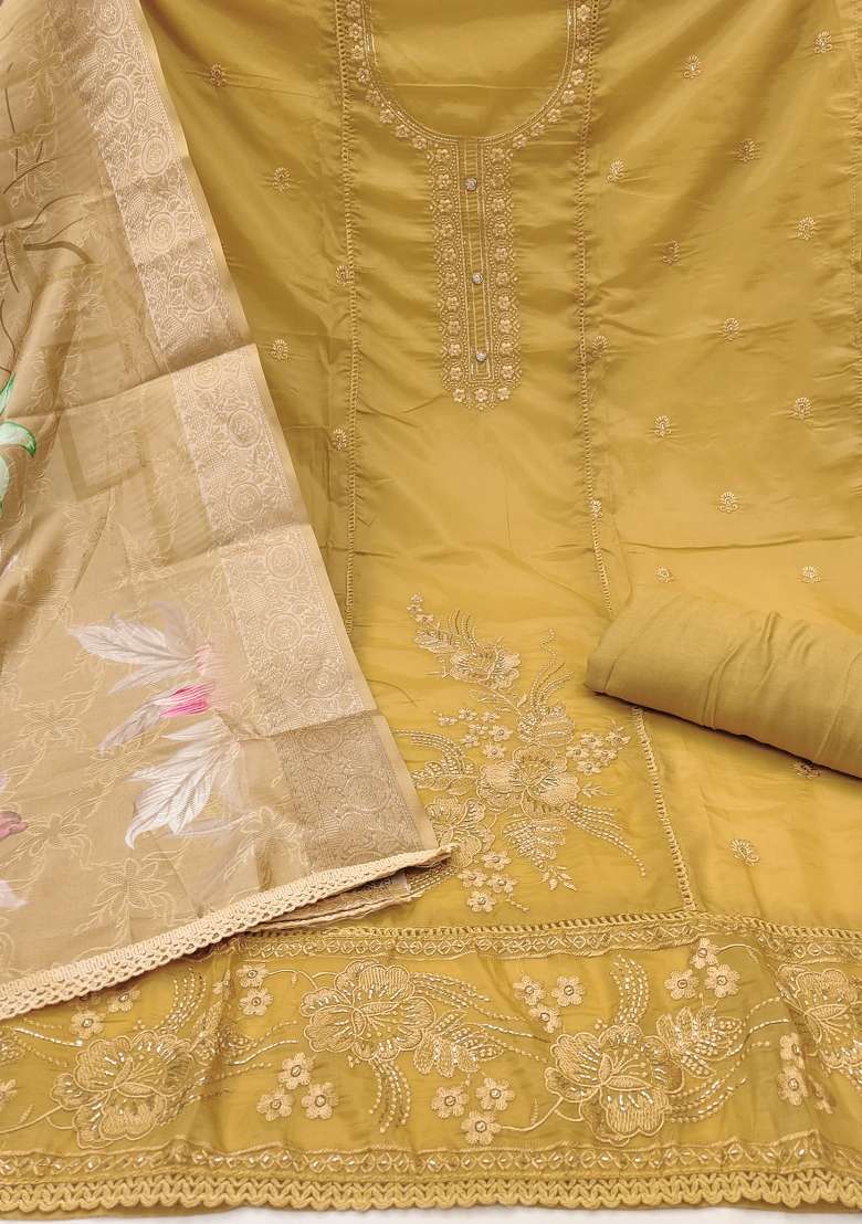 Beige Embroidered Oragnza Dress Material - Indya