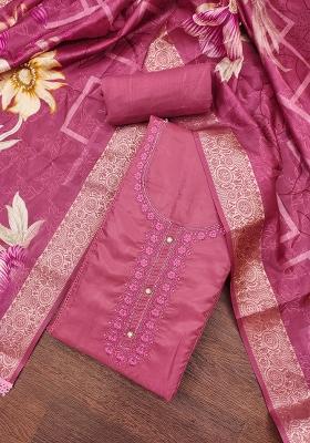 Pink Embroidered Oragnza Dress Material