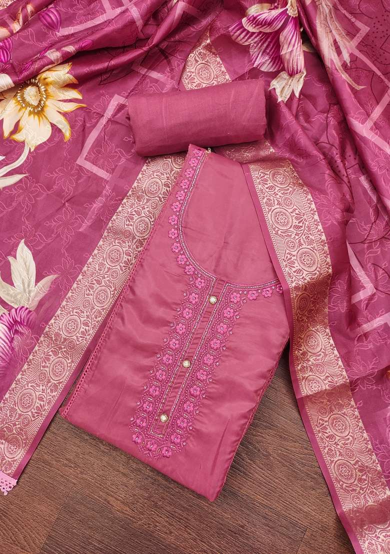 Pink Embroidered Oragnza Dress Material - Indya