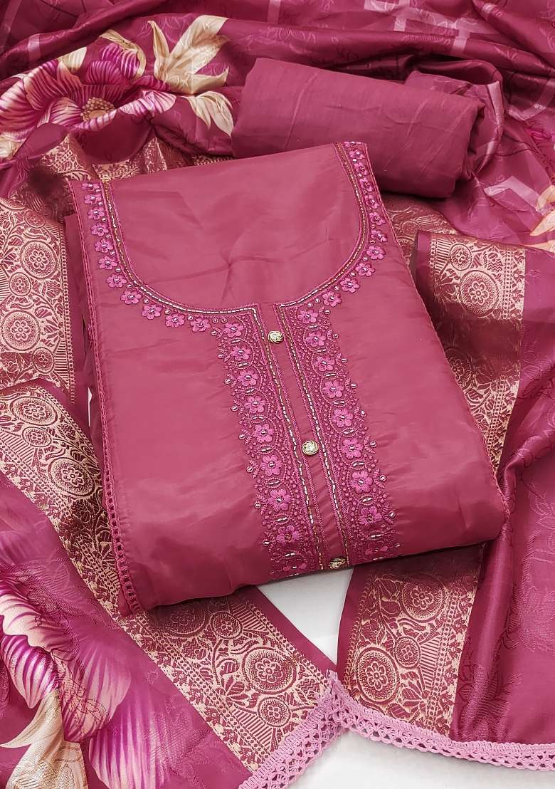 Pink Embroidered Oragnza Dress Material - Indya
