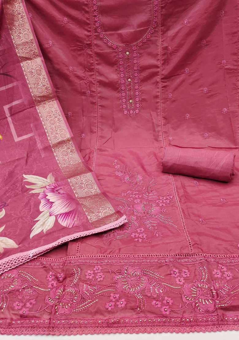 Pink Embroidered Oragnza Dress Material - Indya