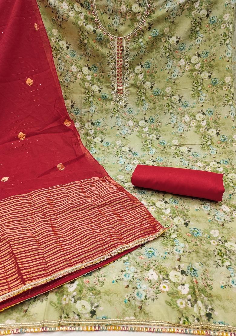 Multicolor Embroidered Cotton Blend Dress Material