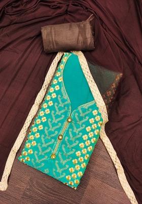 Sea Green Embroidered Chanderi Dress Material