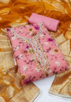 Pink Embroidered Jacquard Dress Material