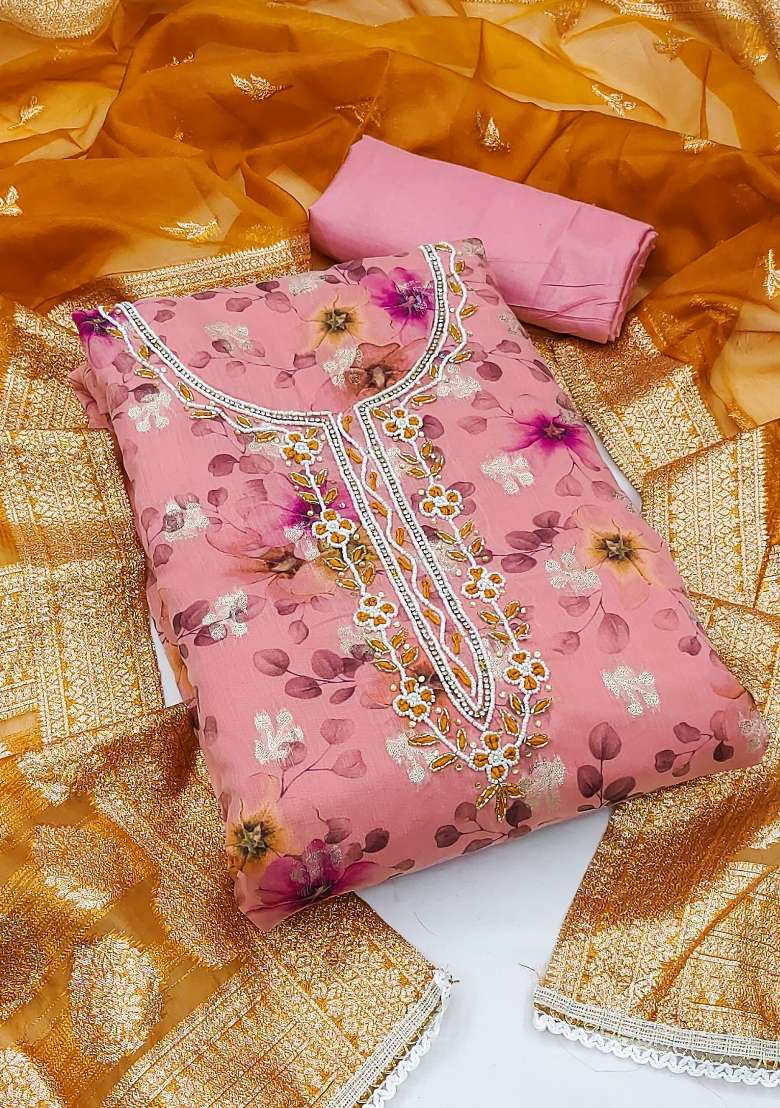 Pink Embroidered Jacquard Straight Kurta Set - Indya