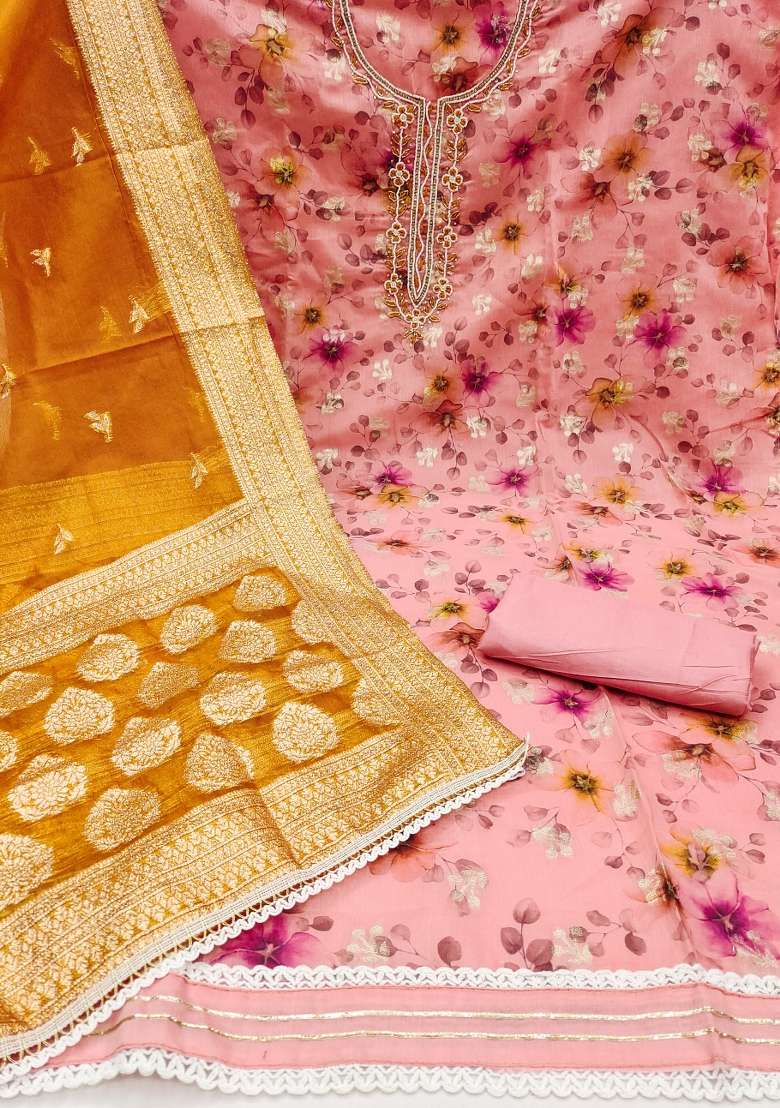 Pink Embroidered Jacquard Straight Kurta Set - Indya