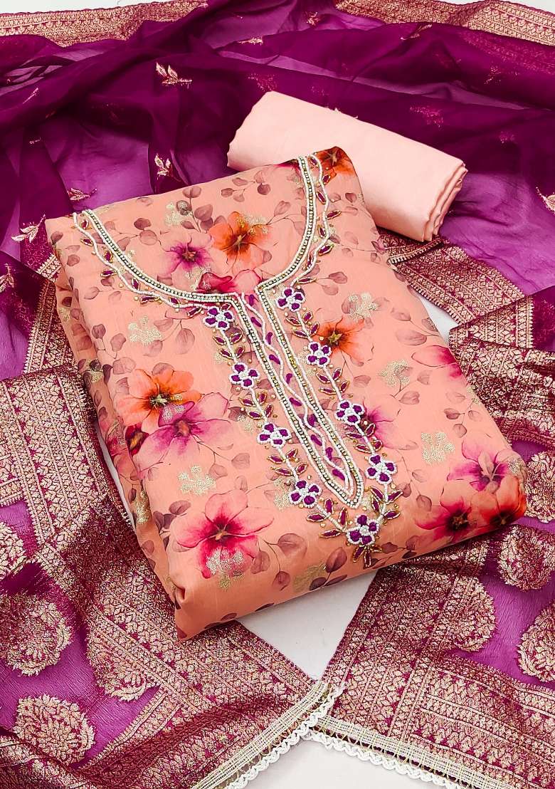 Peach Embroidered Jacquard Straight Kurta Set - Indya