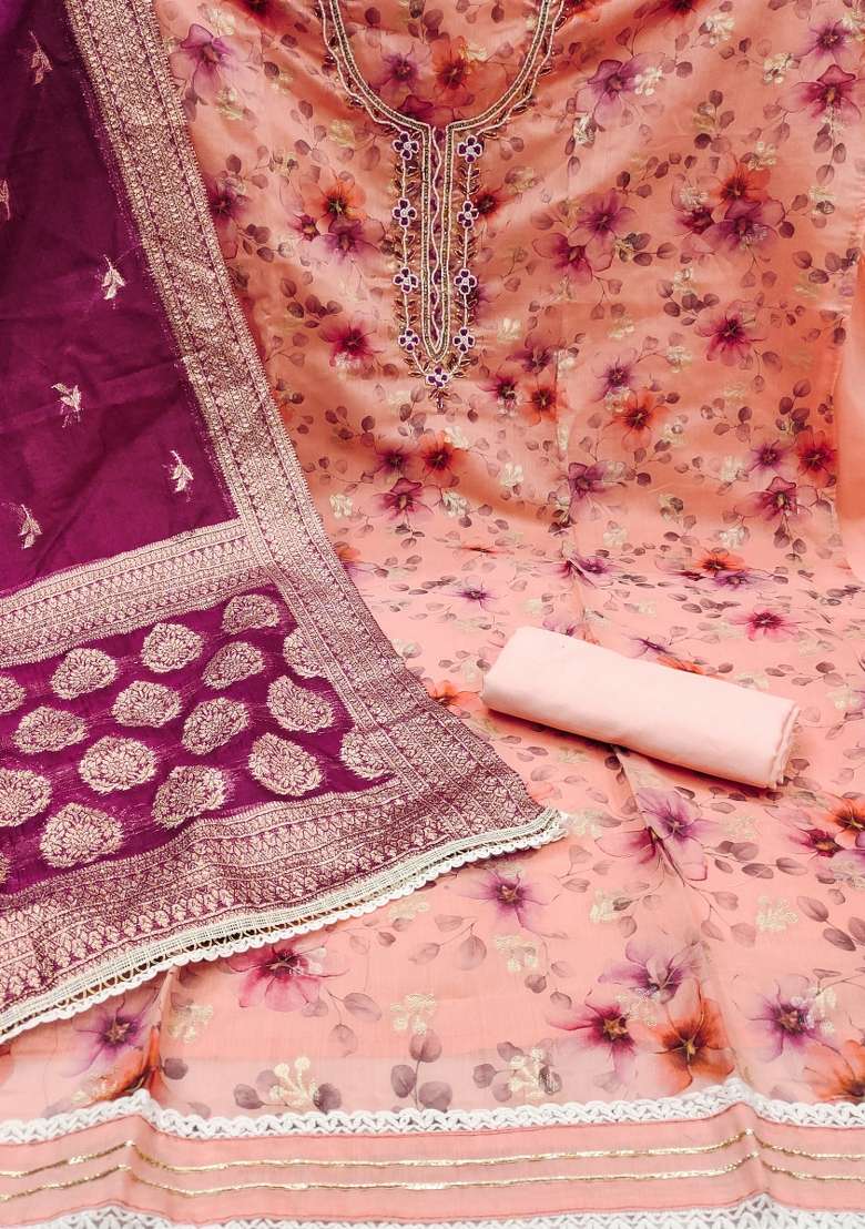 Peach Embroidered Jacquard Straight Kurta Set - Indya