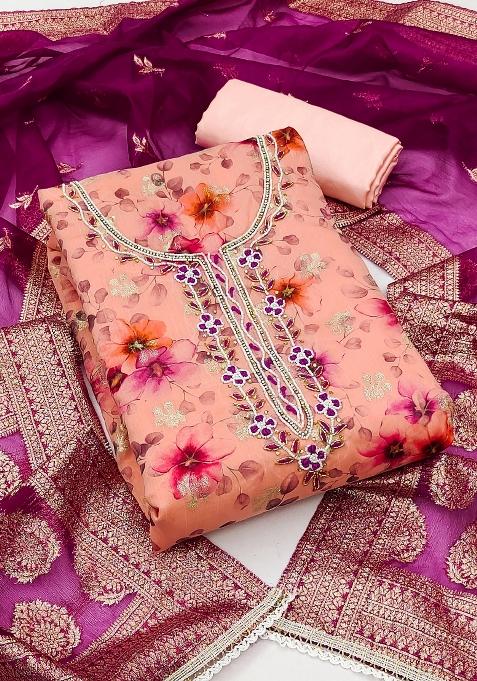 Peach Embroidered Jacquard Dress Material