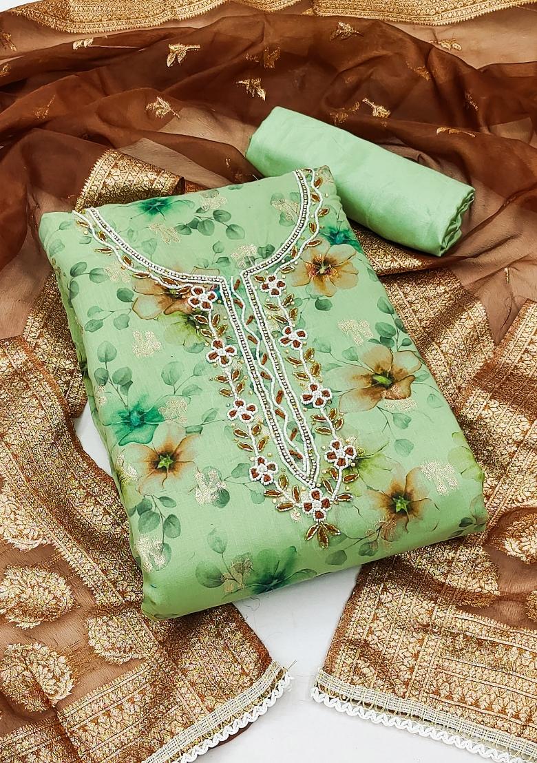 Light Green Embroidered Jacquard Dress Material