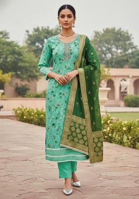 Sea Green Embroidered Jacquard Dress Material